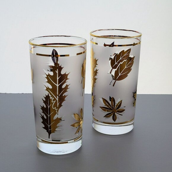MCM Libbey Golden Foliage Tumbler Set of 2, Gold Leaves & Rim on Frosted Glass - Picture 11 of 11